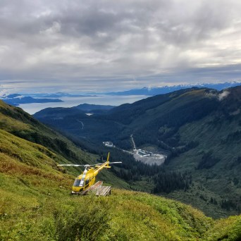 a field with a mountain in the background